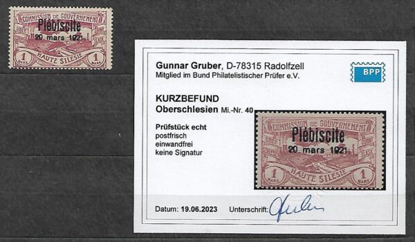 PLEBISCYT GÓRNY ŚLĄSK FI.40**ATEST GUNNAR GRUBER