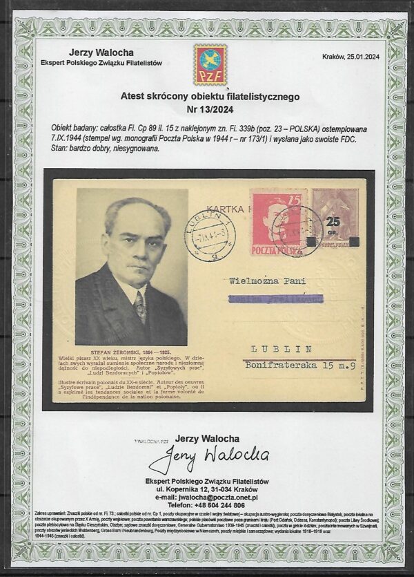 FI.Cp.89 ILUSTRACJA 15 ZE ZNACZKIEM FI.339b Z BŁĘDEM B4 WYSŁANA JAKO FDC ATEST J.WALOCHA