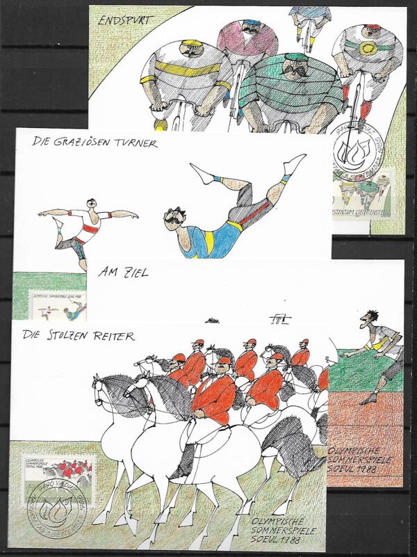 OLIMPIADA SPORTOWA LIECHTENSTEIN MI.947-950 NA KARTACH MAXIMUM
