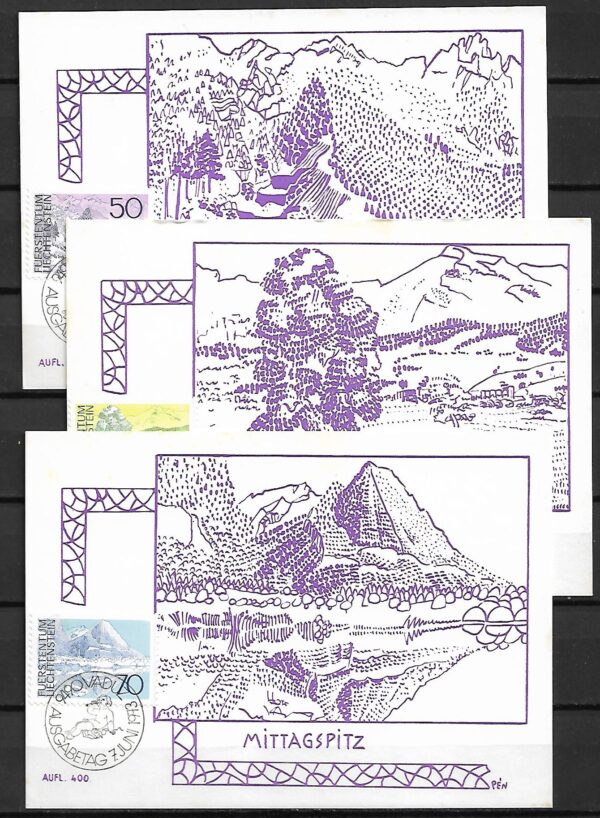 GÓRY LIECHTENSTEIN MI.584-586 NA KARTACH MAXIMUM