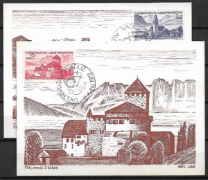 ARCHITEKTURA LIECHTENSTEIN MI.565-566 NA KARTACH MAXIMUM