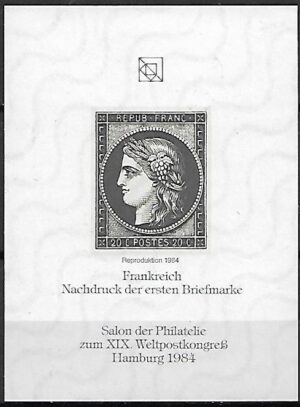 NOWODRUK PIERWSZEGO ZNACZKA FRANCJA WYDANY Z OKAZJI KONGRESU POCZTOWEGO W HAMBURGU 1984 R