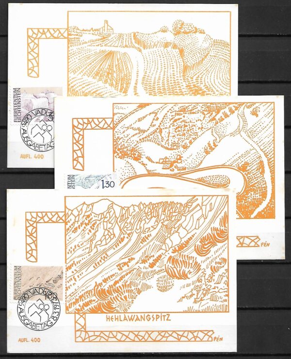 KRAJOBRAZY LIECHTENSTEIN MI.581-583 NA KARTACH MAXIMUM