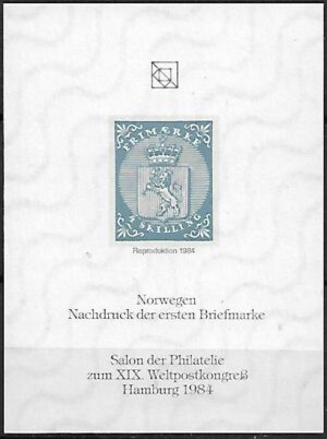 NOWODRUK PIERWSZEGO ZNACZKA NORWEGIA WYDANY Z OKAZJI KONGRESU POCZTOWEGO W HAMBURGU 1984 R