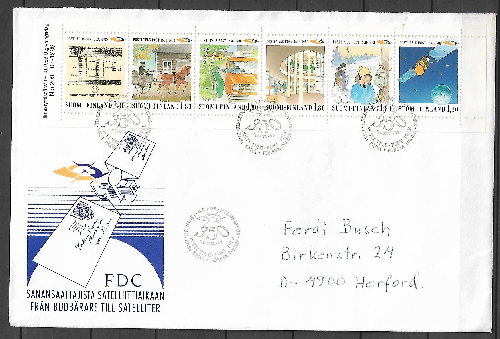 FDC SATELITA FINLANDIA MI.1059-1064 NR 1