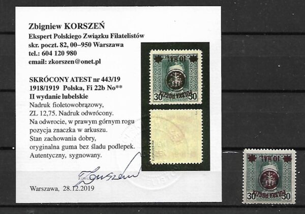 LUBESKIE FI.22b**NADRUK ODWRÓCONY ATEST Z. KORSZEŃ