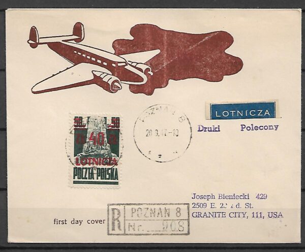 FI.441 LIST POLECONY LOTNICZY Z POZNANIA DO USA Z 1947 R