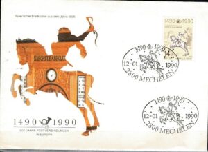 FDC 500 LAT MIĘDZYNARODOWYCH POŁĄCZEŃ POCZTOWYCH W EUROPIE BELGIA MI.2402