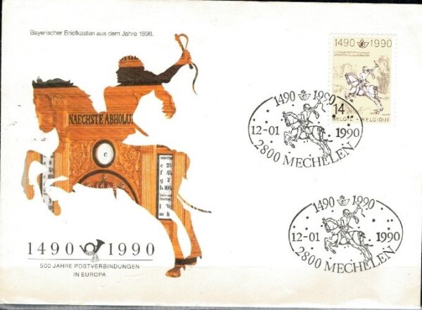 FDC 500 LAT MIĘDZYNARODOWYCH POŁĄCZEŃ POCZTOWYCH W EUROPIE BELGIA MI.2402