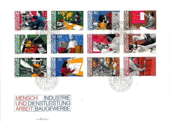 FDC LUDZIE I PRACA LIECHTENSTEIN MI.849-860